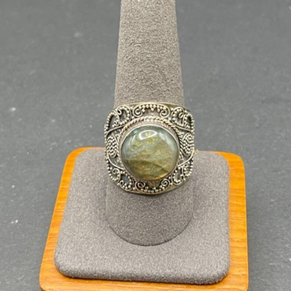 Vintage 925 Sterling Silver Labradorite Filigree Ring Size 10.5 Statement